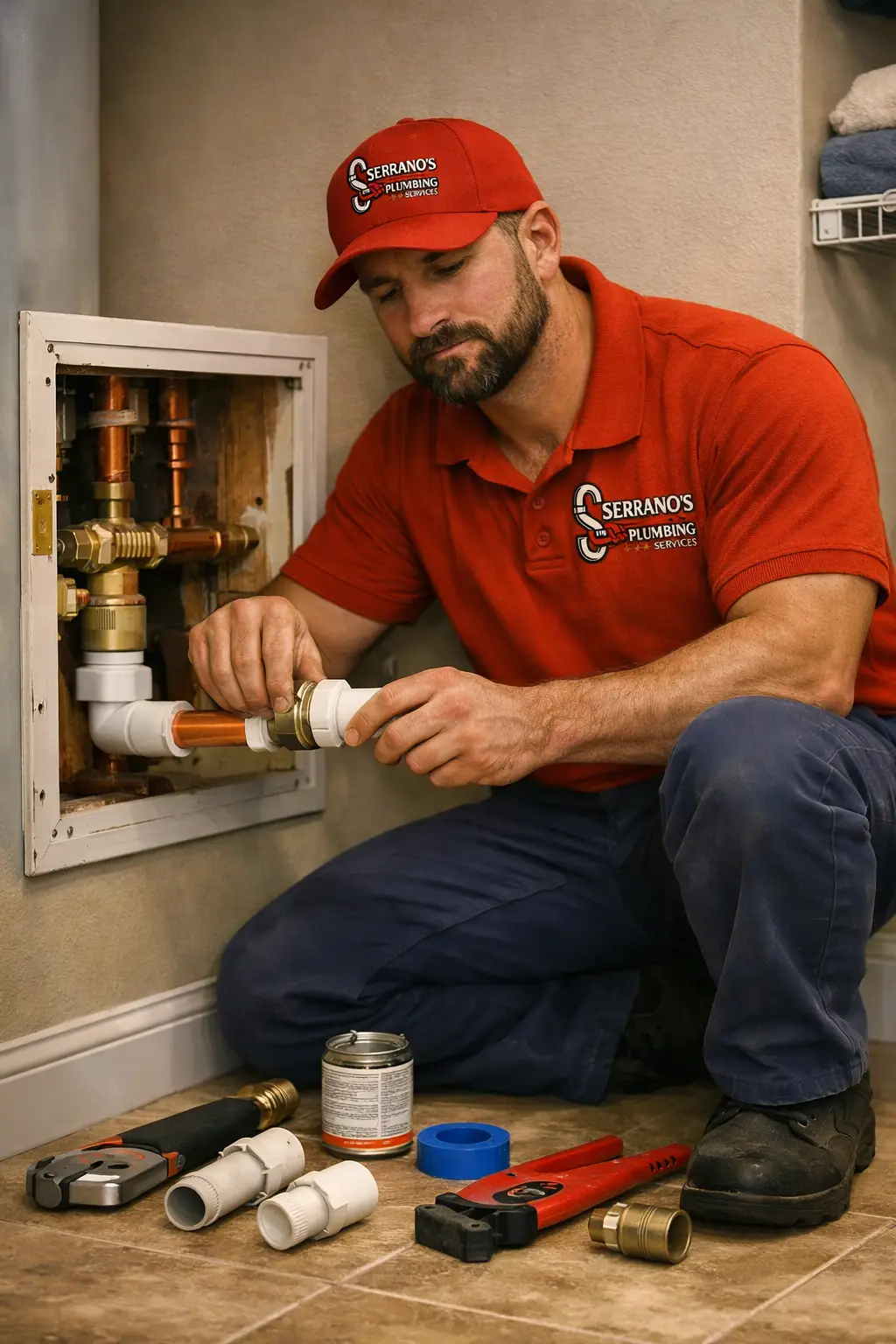 Plumber working on indoor water line piping during a residential water line repair service.