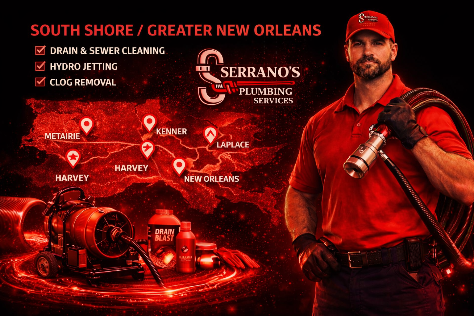 South Shore drain cleaning service graphic for Serrano’s Plumbing Services featuring a plumber, drain cleaning equipment, and a South Shore service map