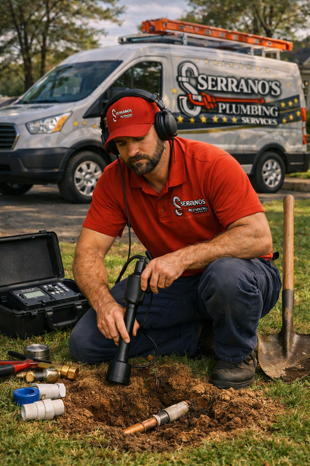 Serrano’s Plumbing technician inspecting an underground water line repair near a service vehicle.