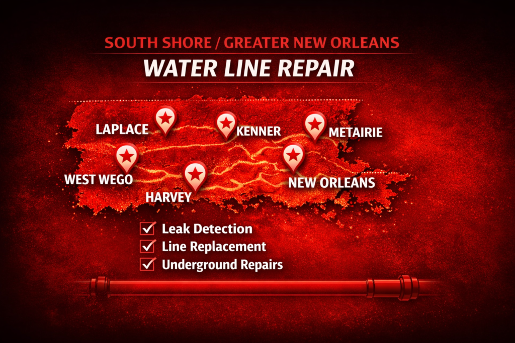 South Shore and Greater New Orleans water line repair service area map showing New Orleans, Metairie, Kenner, Harvey, Marrero, Westwego, LaPlace, and surrounding communities