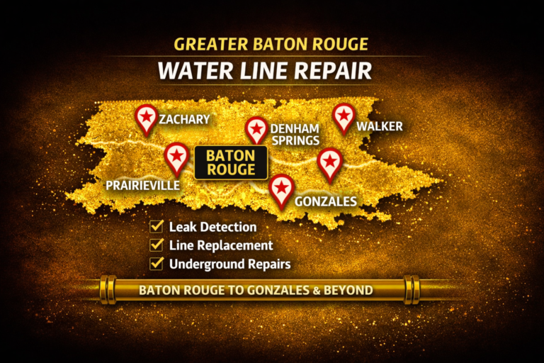 Greater Baton Rouge water line repair service area map showing Baton Rouge, Denham Springs, Zachary, Central, Prairieville, Gonzales, Walker, and surrounding communities