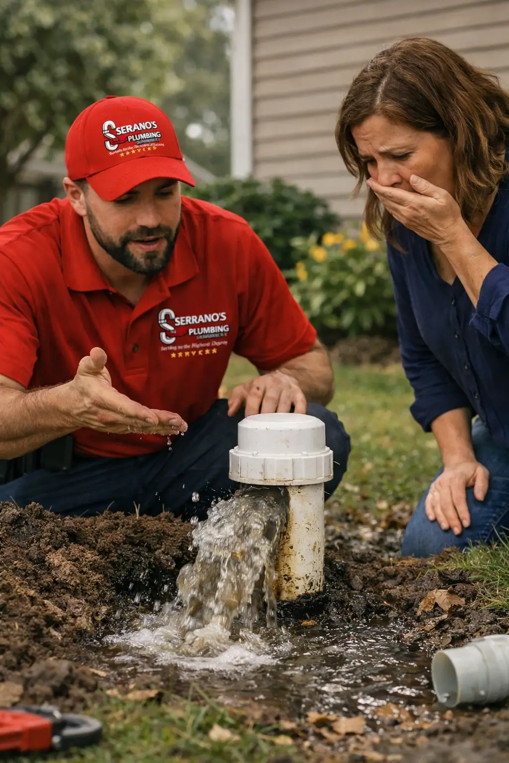 Plumbing technician explaining an outdoor sewer cleanout inspection to a homeowner during a service visit