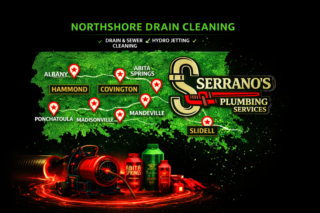 Drain cleaning service across the North Shore by Serrano’s Plumbing Services with plumber, sewer and drain equipment, and regional service map