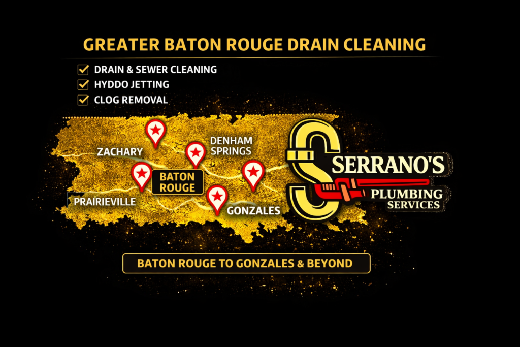 Drain cleaning service across Greater Baton Rouge by Serrano’s Plumbing Services with plumber, sewer and drain equipment, and regional service map