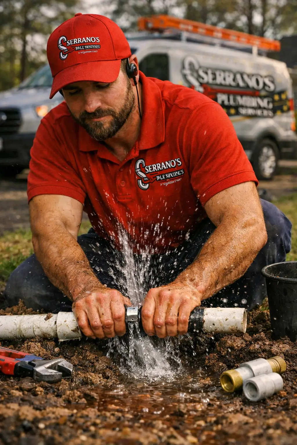 Plumber repairing a leaking outdoor water line pipe during a residential plumbing service.