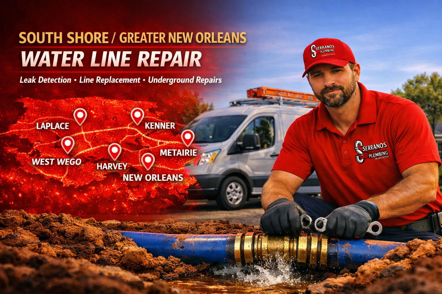 South Shore and Greater New Orleans plumbing related services map with service areas across New Orleans, Metairie, Kenner, Harvey, Marrero, Gretna, Westwego, and surrounding communities