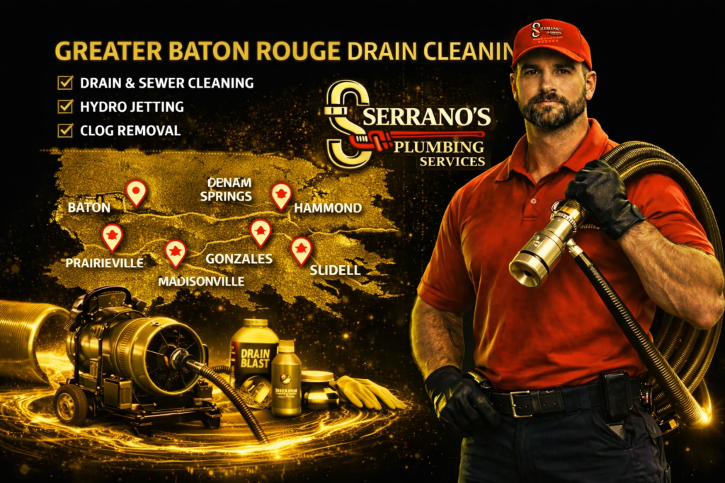 Greater Baton Rouge drain cleaning service graphic for Serrano’s Plumbing Services featuring a plumber, drain cleaning equipment, and a Greater Baton Rouge service map