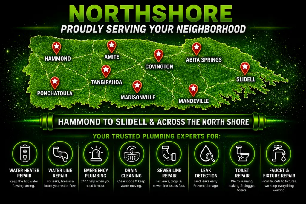 Map-style graphic showing Serrano’s Plumbing Services nearby service areas across the North Shore, including Hammond, Ponchatoula, Amite, Covington, Mandeville, Slidell, Madisonville, Abita Springs, Tangipahoa, and Kentwood.