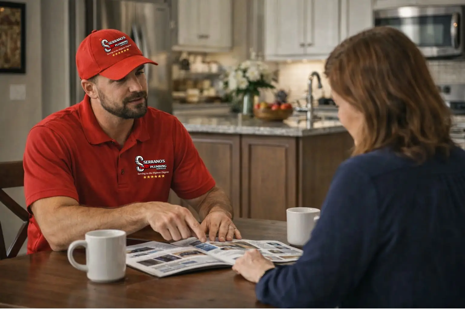 Plumbing technician explaining repair options to a customer during an in-home service appointment