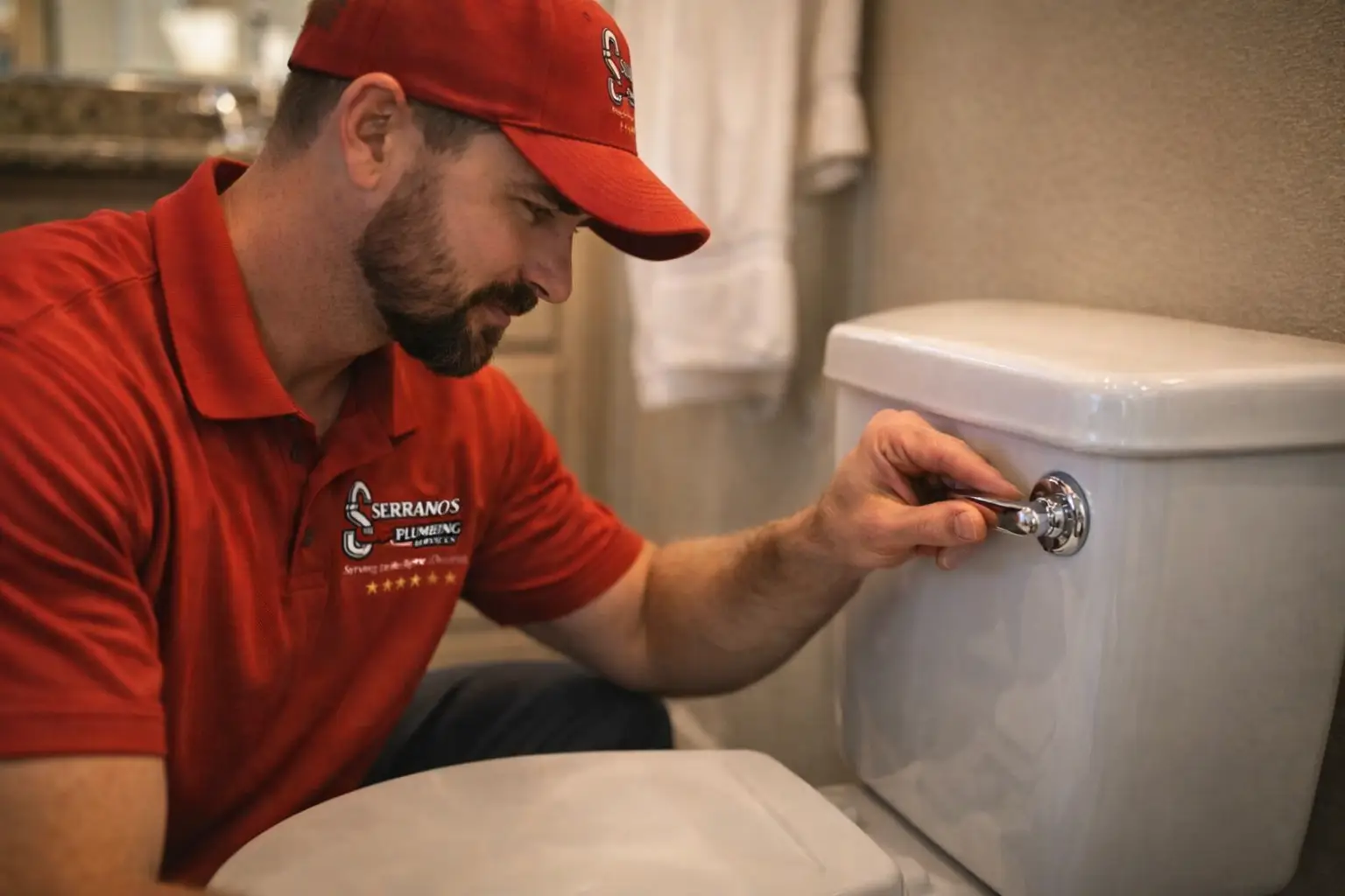 Plumbing technician inspecting a residential toilet during a home plumbing service visit