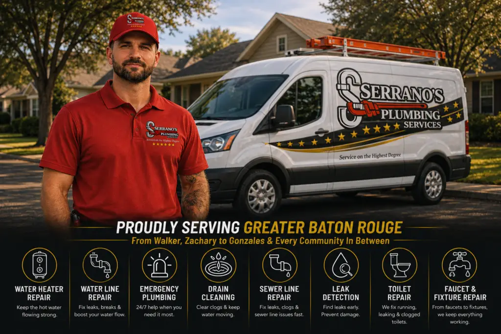 Serrano’s Plumbing Services technician beside a branded service van promoting Greater Baton Rouge plumbing services including water heater repair, water line repair, emergency plumbing, drain cleaning, sewer line repair, leak detection, toilet repair, and faucet repair.