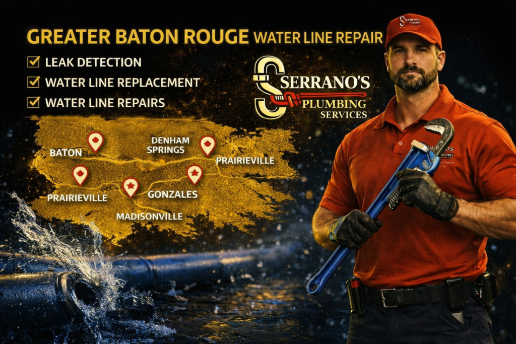 Greater Baton Rouge water line repair service area map with Serrano’s Plumbing technician for related plumbing services.
