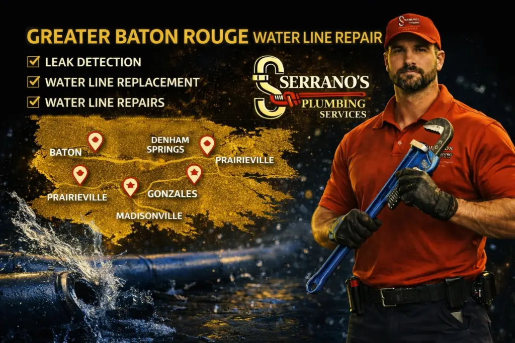 Greater Baton Rouge water line repair service area map with Serrano’s Plumbing technician for related plumbing services.