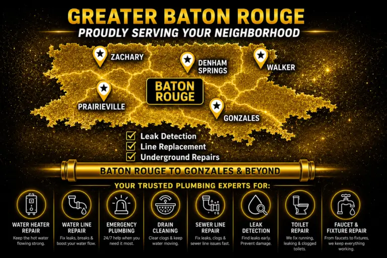Map-style graphic showing Serrano’s Plumbing Services nearby service areas across Greater Baton Rouge, including Baton Rouge, Denham Springs, Walker, Zachary, Gonzales, Prairieville, Baker, Central, Port Allen, and Brusly.