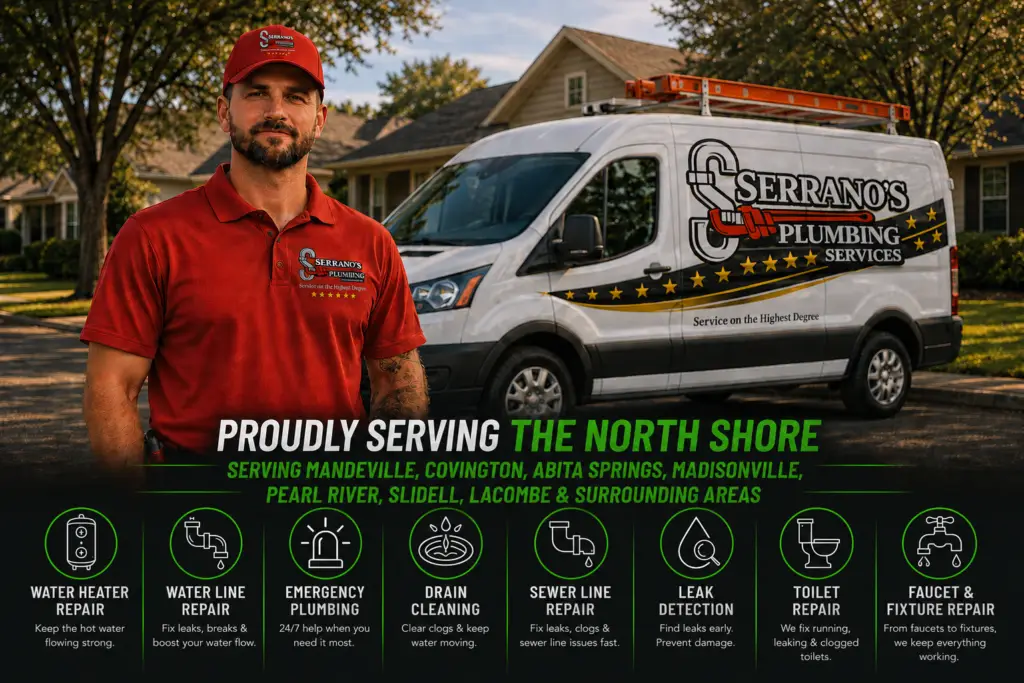 Serrano’s Plumbing Services technician beside a branded service van promoting North Shore plumbing services including water heater repair, leak detection, drain cleaning, sewer line repair, toilet repair, and faucet repair.