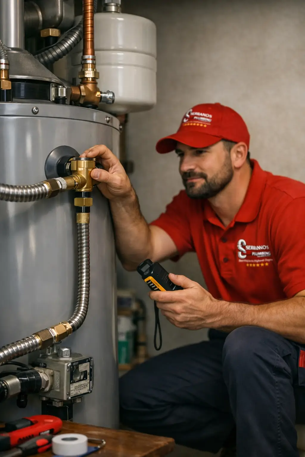 Plumbing technician inspecting a residential water heater connection during a service visit