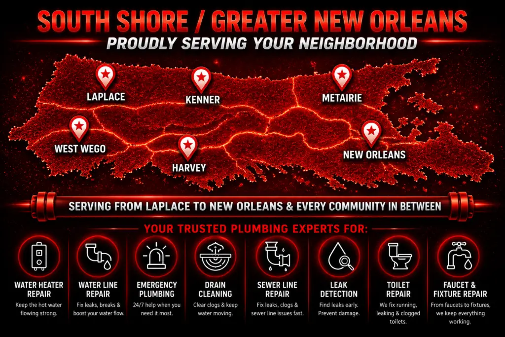 Map-style graphic showing Serrano’s Plumbing Services nearby service areas across the South Shore and Greater New Orleans area, including New Orleans, Metairie, Kenner, Gretna, Marrero, Westwego, Harvey, Luling, Destrehan, and Chalmette.