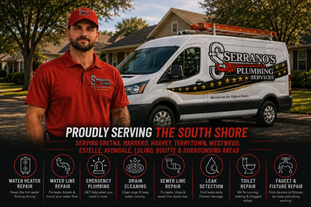 Serrano’s Plumbing Services technician beside a branded service van promoting South Shore plumbing services including water heater repair, emergency plumbing, drain cleaning, sewer line repair, leak detection, toilet repair, faucet repair, and fixture repair.