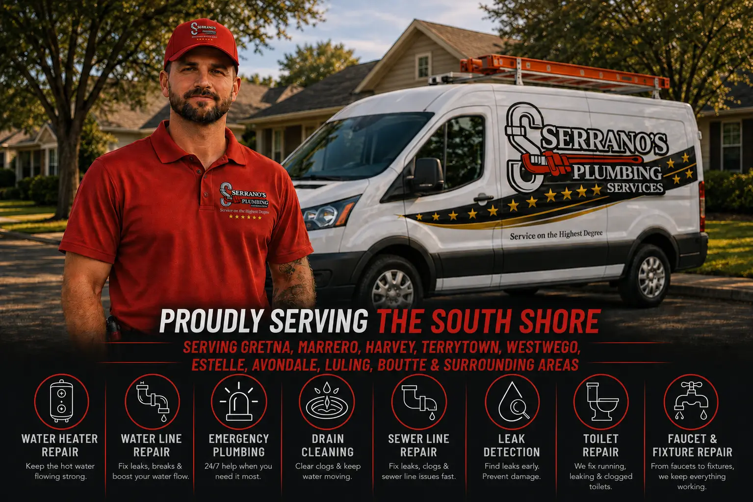 Serrano’s Plumbing Services technician beside a branded service van promoting South Shore plumbing services including water heater repair, emergency plumbing, drain cleaning, sewer line repair, leak detection, toilet repair, faucet repair, and fixture repair.