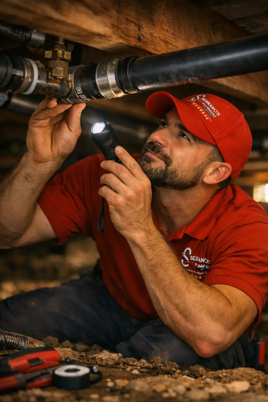 Plumbing technician inspecting pipe connections underneath a home in a crawl space