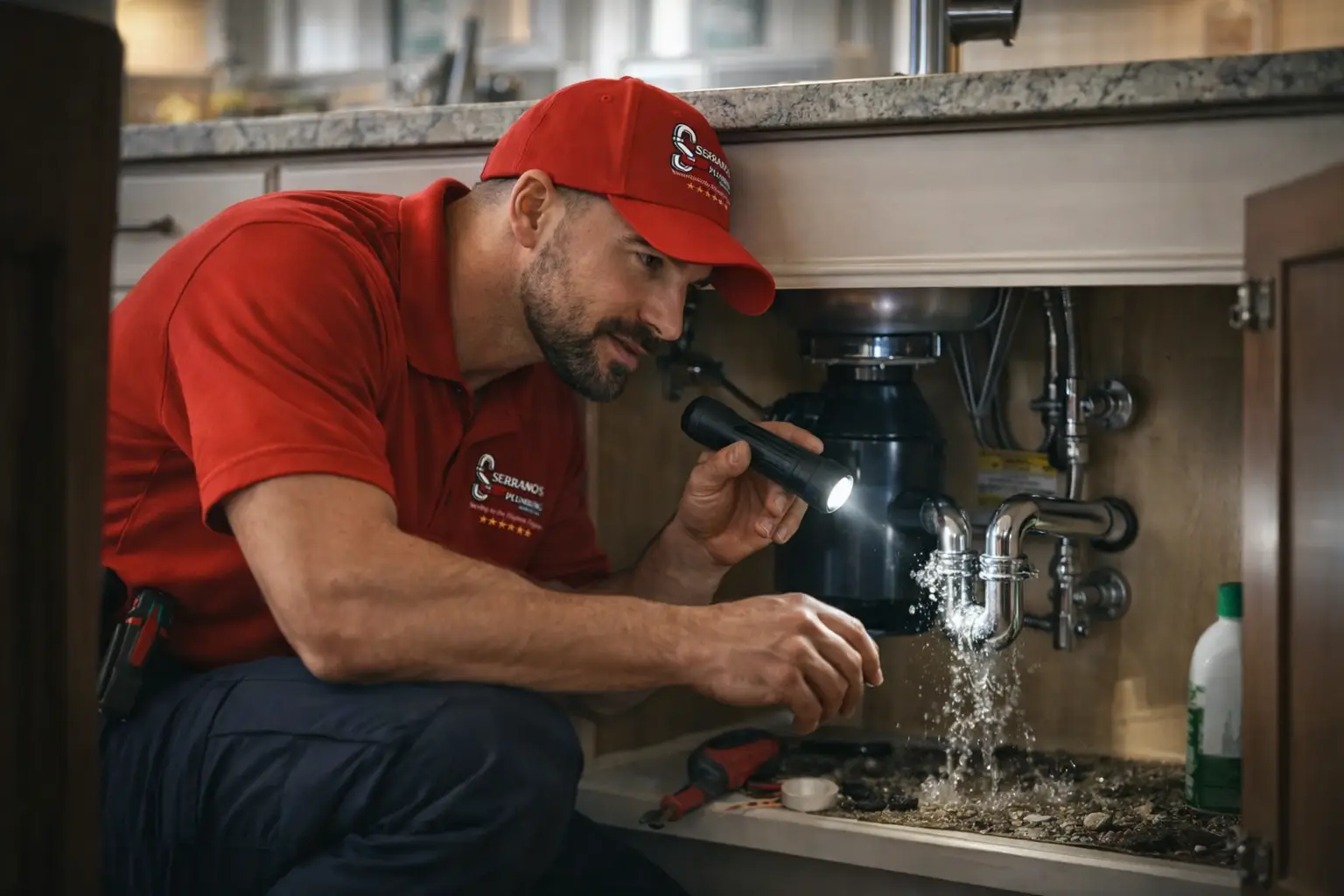 Plumbing technician inspecting drain and water line connections underneath a sink