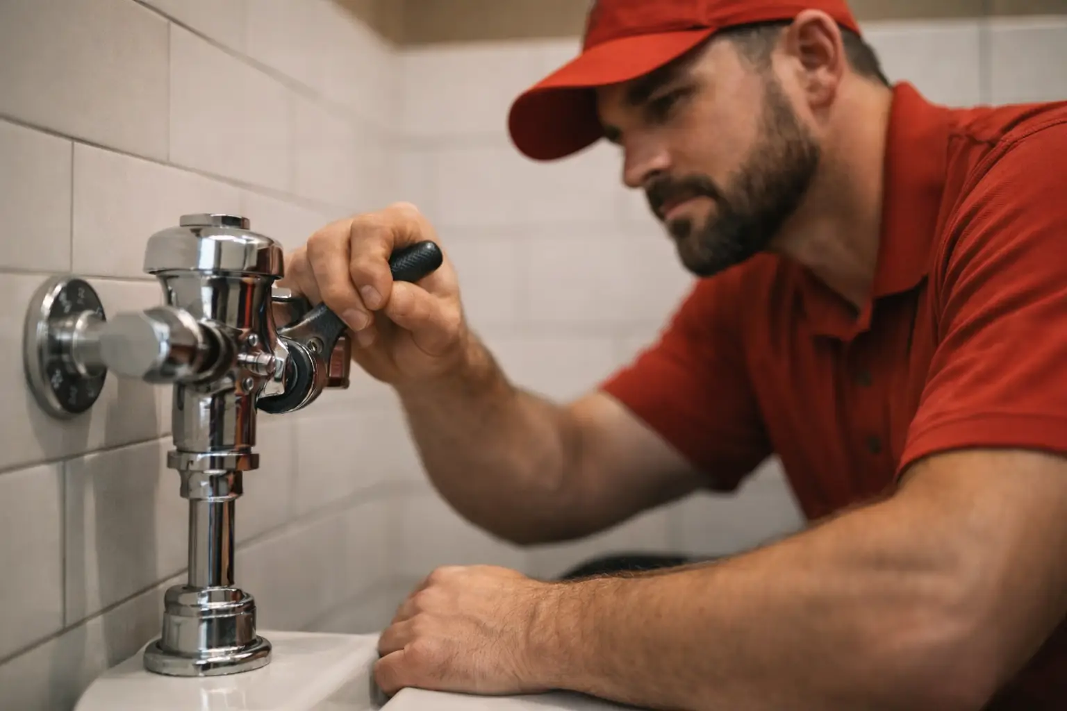 Plumbing technician inspecting a commercial toilet fixture during a plumbing service call