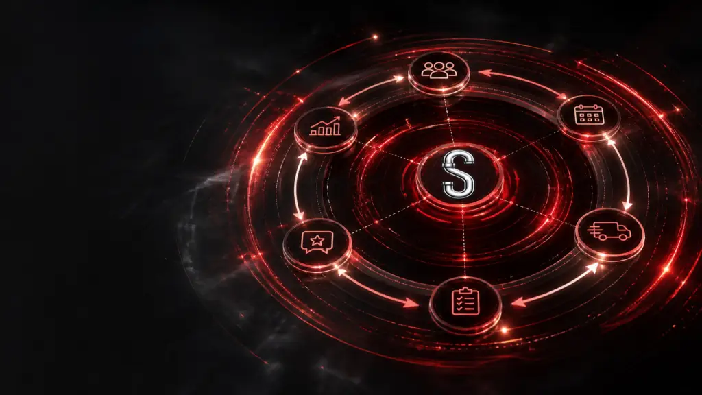 Serrano's red-and-black business operating loop centered on the pipe-S emblem